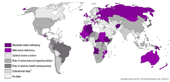 World Map Showing Iodine Deficient Nations in decade up to 2012